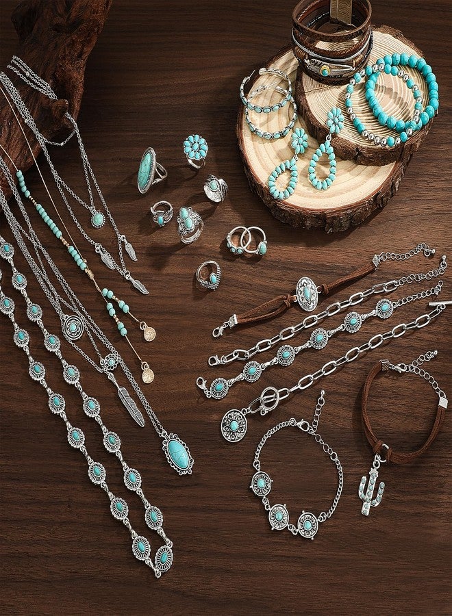 FEYIR Bohemian Turquoise Jewelry Set for Women Boho Turquoise Layered Necklace Bracelet Western Belt Stackable Ring Earrings Western Jewelry Accessories - Image 4